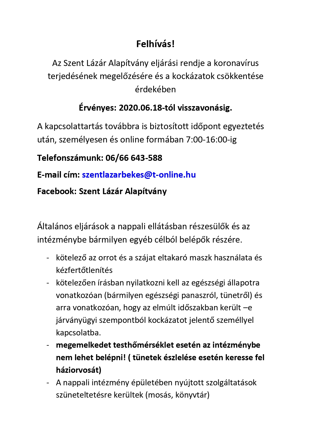 Az Szent Lazar Alapitvany eljarasi rendje a koronavirus terjedesenek megelozesere es a kockazatok csokkentesere page 0001